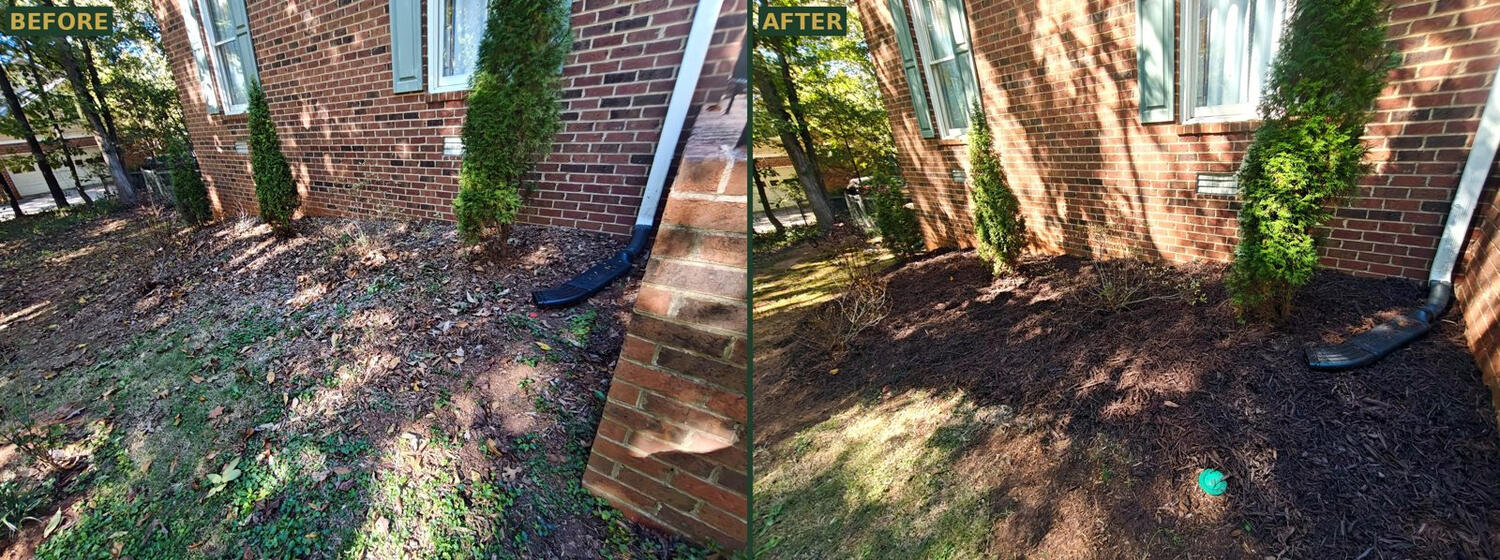 Before and after fresh brown mulch in a side flower bed in Athens, GA