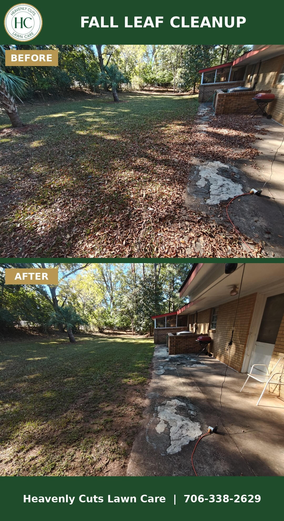 Fall leaf cleanup, Athens Before and after fall leaf cleanup of a backyard in Athens, GA by Heavenly Cuts Lawn Care